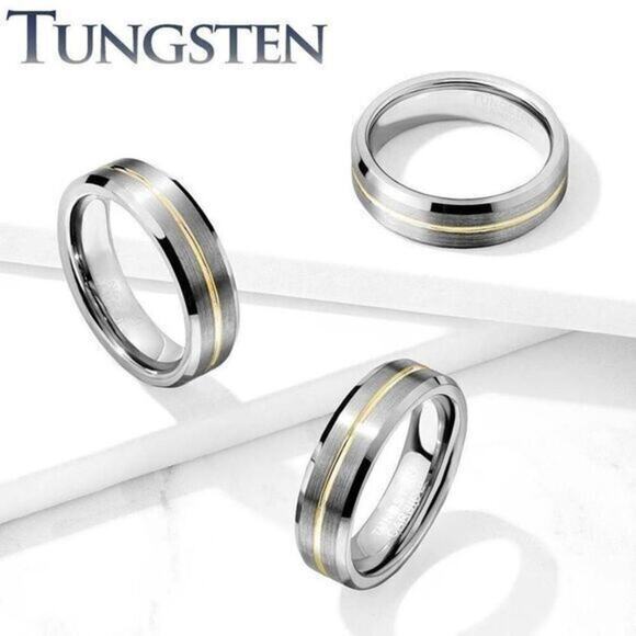 Brushed‎ Finish Gold Groove Beveled Edges Tungsten Carbide Ring. 6mm size 9